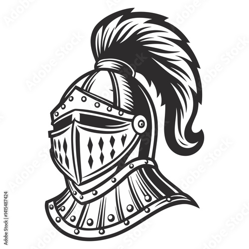 Medieval knight helmet with metalwork, decorative crest, embellished surface. Classic armor design for historical, fantasy themes, game, tattoo, or print project.