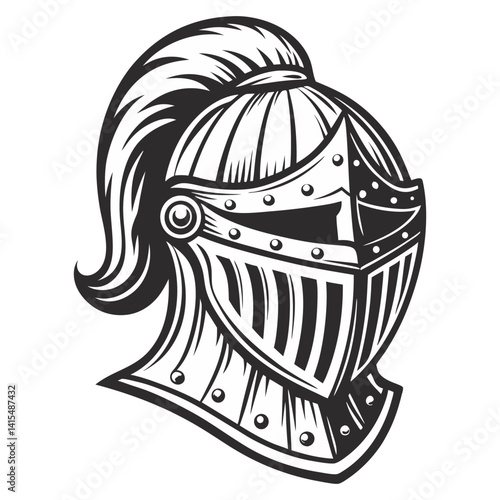 Medieval knight helmet with metalwork, decorative crest, embellished surface. Classic armor design for historical, fantasy themes, game, tattoo, or print project.