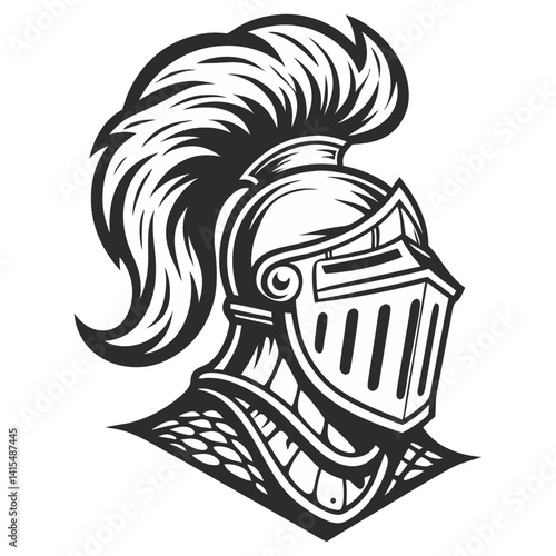 Medieval knight helmet with metalwork, decorative crest, embellished surface. Classic armor design for historical, fantasy themes, game, tattoo, or print project.