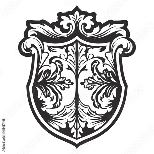 Vintage shield displaying floral heraldic details, ancestral lineage, traditional medieval emblematic symbolism, classic design composition.