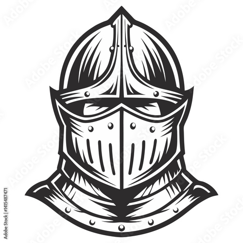 Medieval knight helmet in monochrome, featuring metalwork, rivets, protective design. Classic armor for chivalric warfare, historical combat, game, tattoo, or print project.
