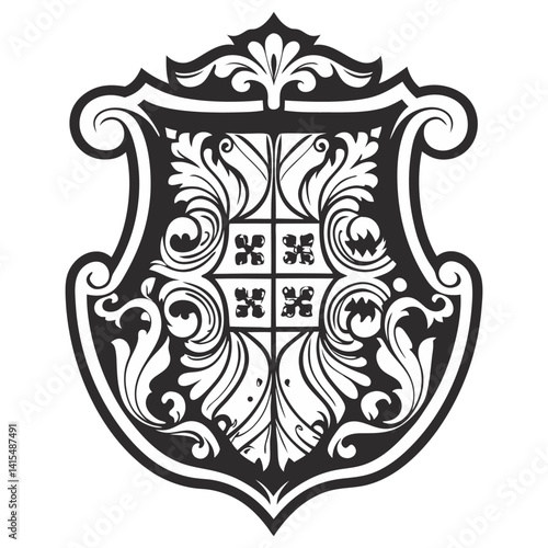 Medieval heraldic shield displaying floral patterns and crosses, noble heritage, for historical genealogy designs.