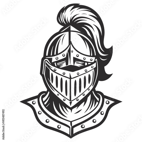 Medieval knight helmet with metalwork, decorative crest, embellished surface. Classic armor design for historical, fantasy themes, game, tattoo, or print project.