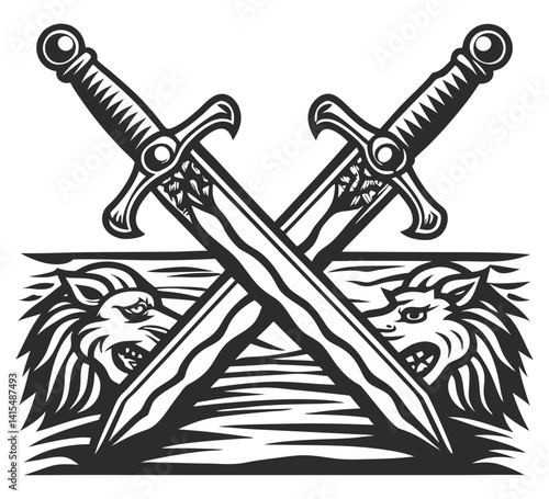 Crossed medieval swords flanked by lion heads, symbolizing strength and valor, medieval weaponry and heraldry in monochrome graphic style.