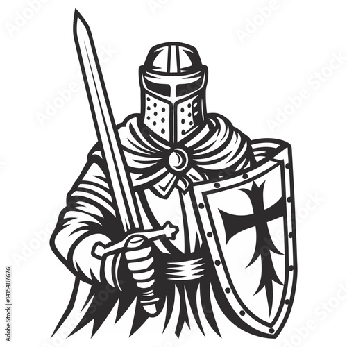 Medieval knight in armor with sword and heraldic shield. Monochrome old school tattoo style for battle, honor, chivalry, feudal combat, warrior theme, vintage label, medieval design.