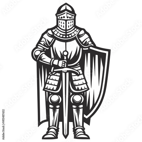 Medieval knight in plate armor with sword and shield. Monochrome vintage design for chivalry, combat, cross, strength, medieval warfare, tattoo, print, historical theme.