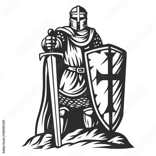 Medieval knight in armor with sword and heraldic shield. Monochrome old school tattoo style for battle, honor, chivalry, feudal combat, warrior theme, vintage label, medieval design.