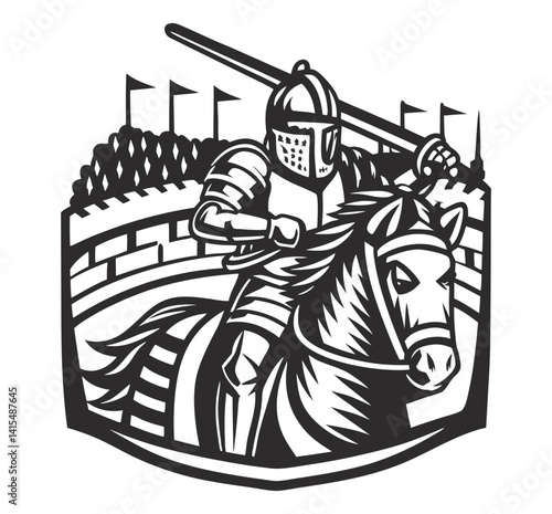 Medieval knight in full armor charging on horseback with lance during tournament, crowd watching from wooden barriers in monochrome old school tattoo style for historical combat, knight artwork.
