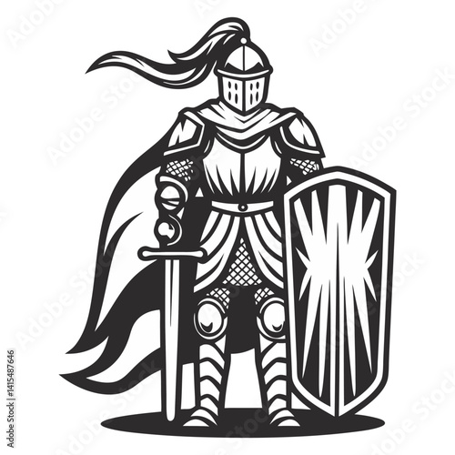 Medieval knight in armor with sword and heraldic shield. Monochrome old school tattoo style for battle, honor, chivalry, feudal combat, warrior theme, vintage label, medieval design.