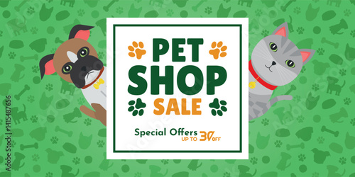 Pet Shop Sale AD - Illustrations of Bulldog Dog and Tabby Cat Behind the Green, Orange and White Logo. Special Offers up to 30% off, Footprints Background.