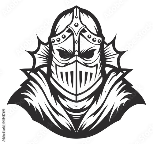 Monochrome medieval knight in chain mail armor, wearing spiked helmet, embodying warrior spirit with powerful, resolute stance.
