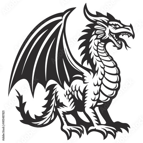 Wallpaper Mural Medieval dragon, massive wings spread wide, monochrome stylized artwork, mythical creature, legendary strength, historical fantasy theme, heraldic vector design. Torontodigital.ca