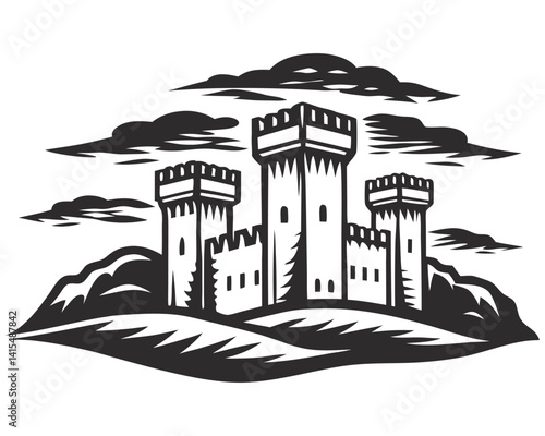 Medieval stone castle with towering battlements, sky background, fortified stronghold, ancient architecture, black and white design, mountain fortress, historical structure, middle ages