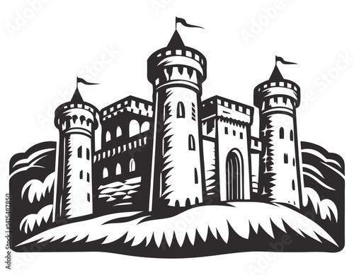 Medieval stone castle with towering battlements, sky background, fortified stronghold, ancient architecture, black and white design, mountain fortress, historical structure, middle ages