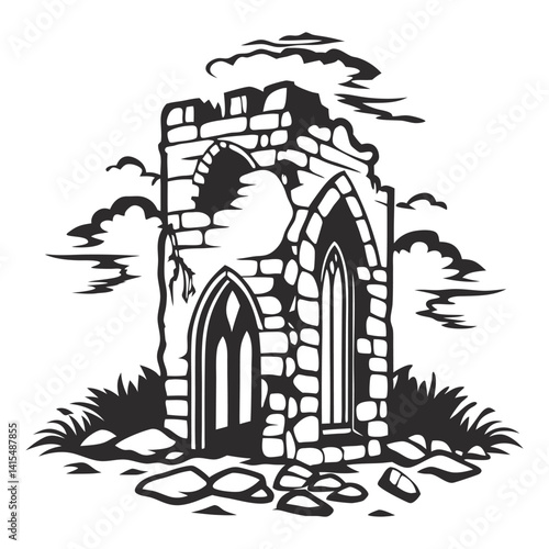 Monochrome vector graphic, crumbling medieval tower, arched windows, silhouetted against stylized clouds, historical decay, temporal passage, architectural deterioration, black and white design