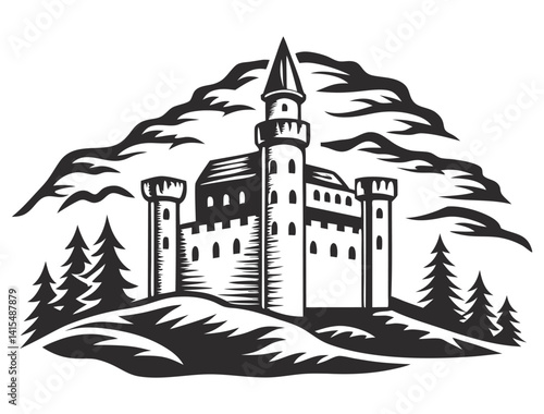 Medieval stone castle with towering battlements, sky background, fortified stronghold, ancient architecture, black and white design, mountain fortress, historical structure, middle ages