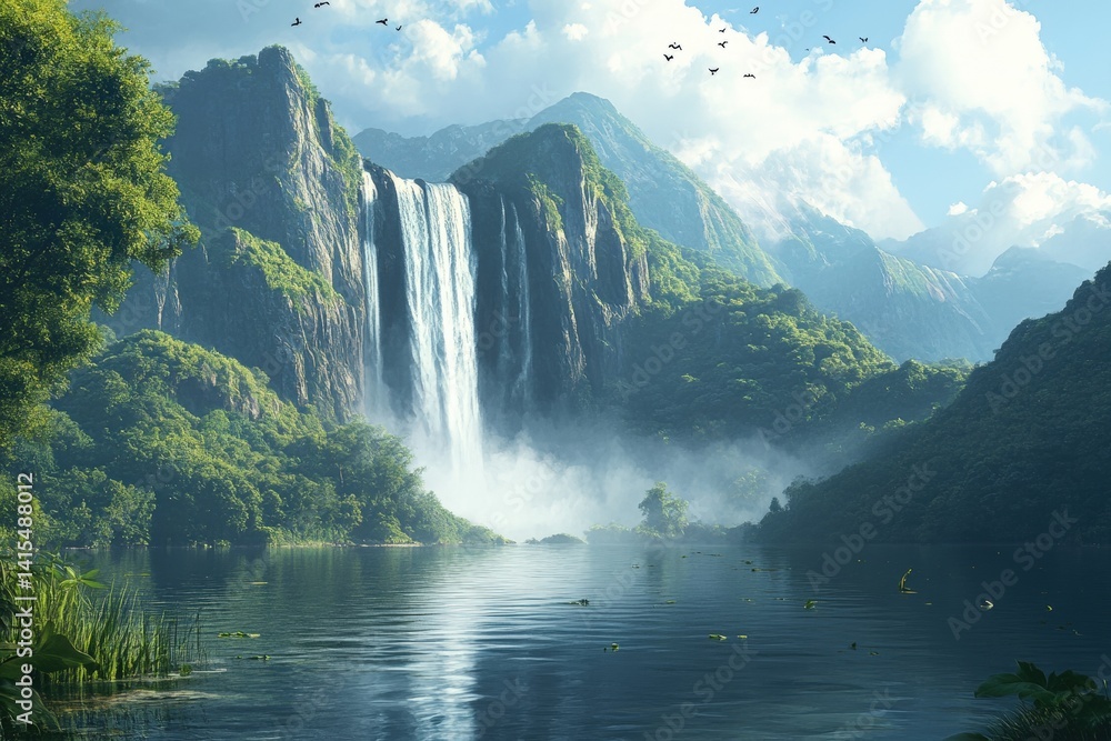 Fototapeta premium Majestic Waterfall with Mountain Lake.
