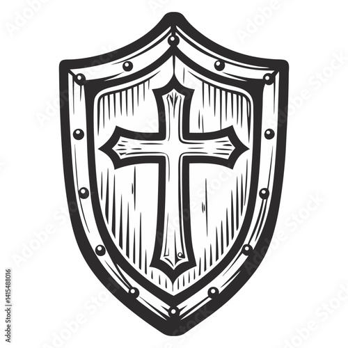 Vintage monochrome illustration of medieval wooden shield adorned with prominent cross, protection, faith, warfare.