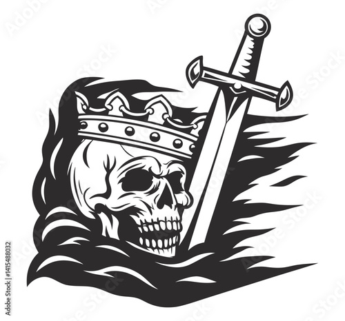 Detailed monochrome skull, royal crown, grasping sword, medieval power dynamics, mortality, gothic narrative, mythological undertones.