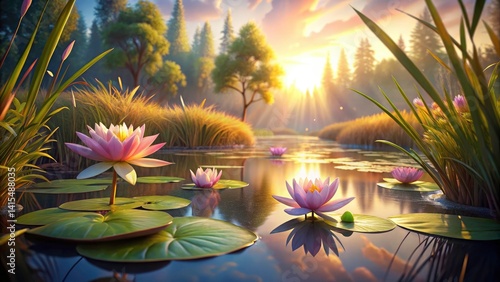 Wallpaper Mural Serene Spring River: Water Lilies, Reeds, Calm Water, Sunlight, Nature Photography Torontodigital.ca