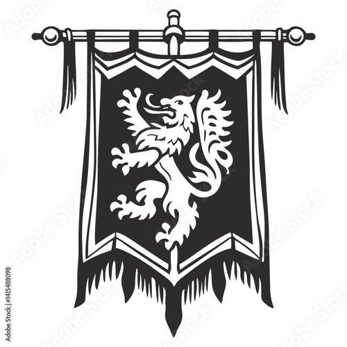 Monochrome vector illustration featuring medieval pennant adorned with winged lion rampant coat of arms, displayed against white background, heritage, nobility.
