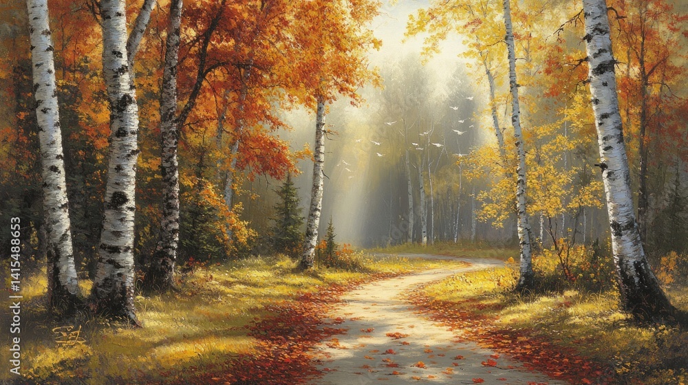 Fototapeta premium Autumnal birch forest pathway bathed in golden sunlight.