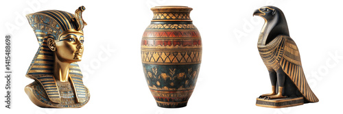 Egyptian statues including Pharaoh and birds isolated on transparent PNG image perfect for archaeology or museum visuals