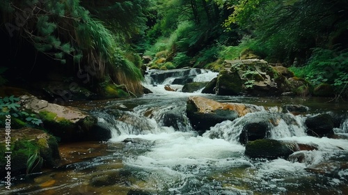 Forest stream cascades over rocks, lush greenery background, nature serenity