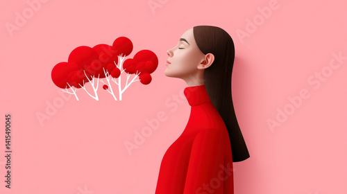 Artistic illustration of a woman in red with stylized red trees growing from her mouth against a pink background.