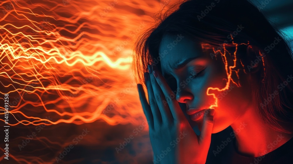 Fototapeta premium Woman in distress with vibrant light effects around