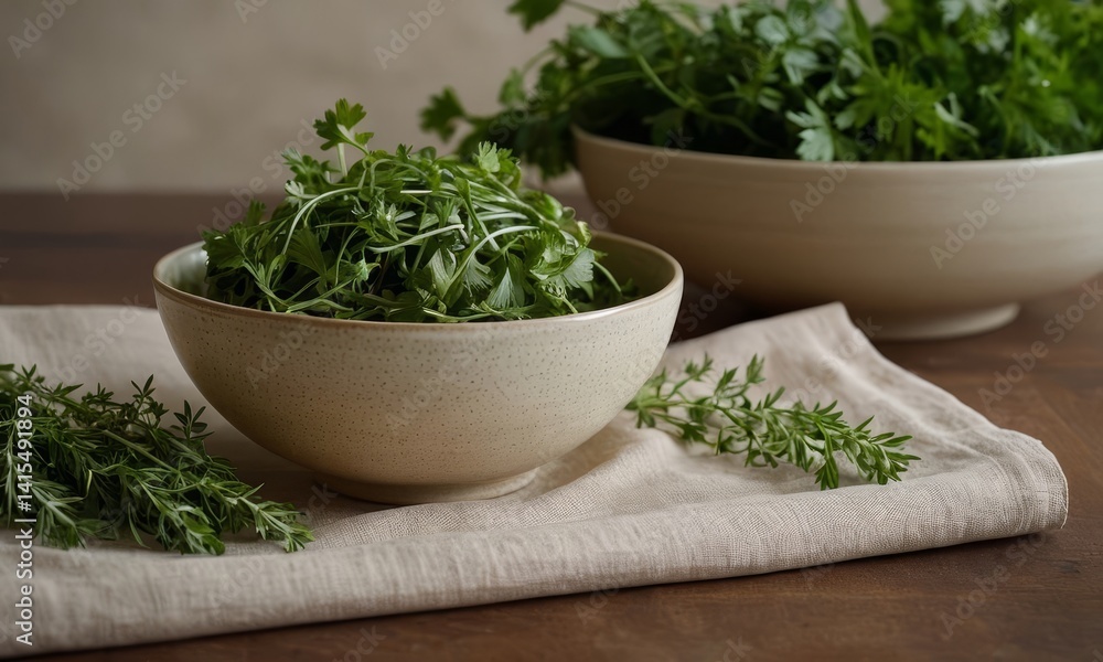 Fototapeta premium Fresh herbs in bowls on linen, culinary herbs prepared for cooking concept