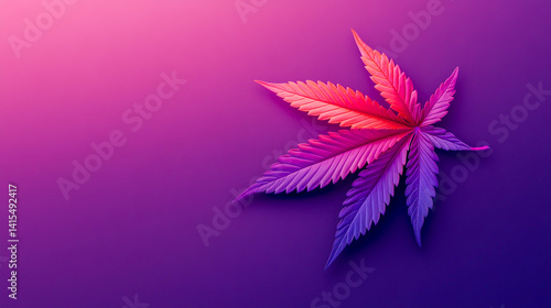 Cannabis leaf on a purple background, minimalistic, gradient, with purple and red colors, ultra-realistic photography.