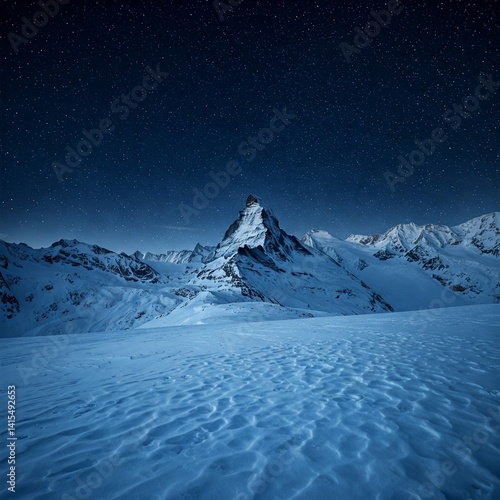Icy mountaintop under star-filled night, snow glowing blue in moonlight, a frozen landscape of solitude, stillness, and silent celestial wonder.