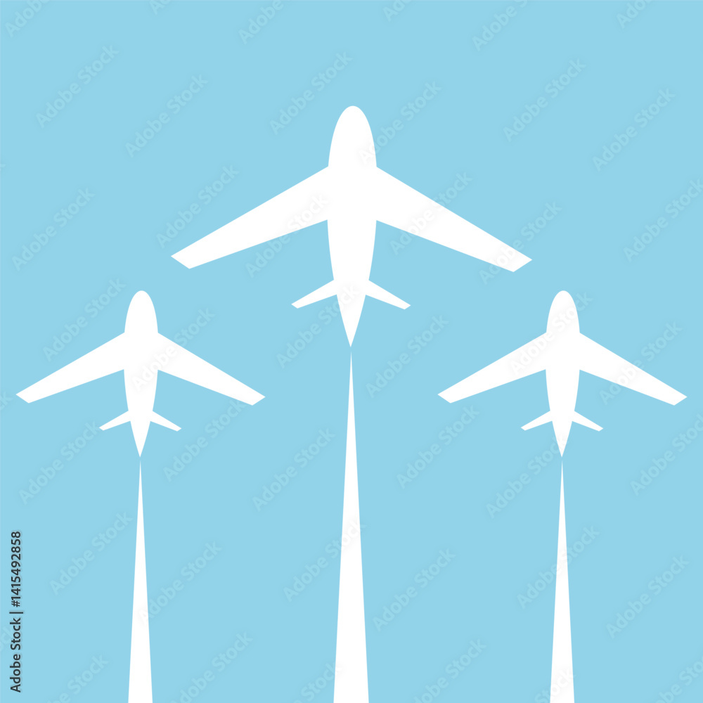 Airplane background, three white flat plane symbols with lines on blue background, vector illustration. Airplane background, three white flat plane symbols with lines on blue background, vector illustration.
