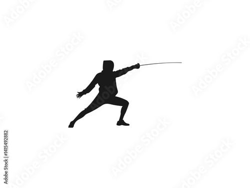 Fencer silhouette illustration. Black silhouette of two fencers engaged in a sword fight isolated.  Fencers dueling with swords in a dramatic battle. Fencing Silhouette on white background.