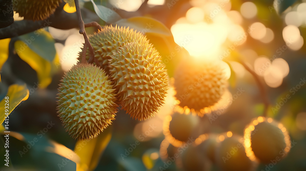 Durian Fruit Growing on Tree at Sunset with Warm Light Durian Fruit Growing on Tree at Sunset with Warm Light