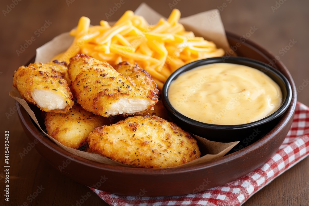 Golden-brown crispy chicken tenders in a rustic ceramic bowl, accompanied by a creamy cheddar cheese dipping sauce. Detailed breading texture and a red-and-white checkered napkin add a cozy, fast-food
