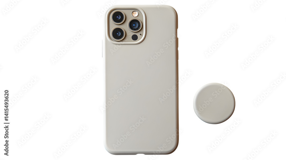Phone with pop socket and neutral case lying flat on textured background Phone with pop socket and neutral case lying flat on textured background