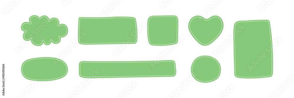 Hand-drawn rectangle, circle, heart, cloud shapes. Minimal freehand doodle style set of pastel green colored textbox frames. Hand-drawn rectangle, circle, heart, cloud shapes. Minimal freehand doodle style set of pastel green colored textbox frames.