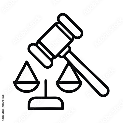 Black Outline Style Gavel and Justice Scale Icon Isolated on Transparent Background