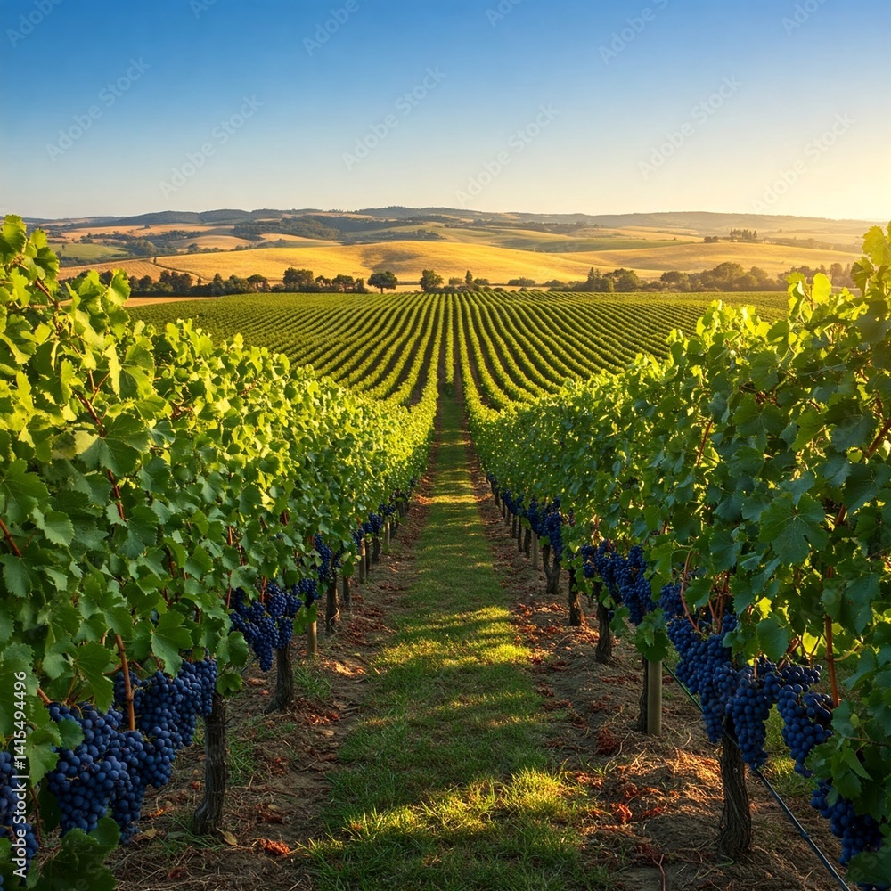 Fototapeta premium Lush vineyard basking in summer sun, grapevines heavy with fruit, neat rows disappearing into golden hills under a cloudless sky.