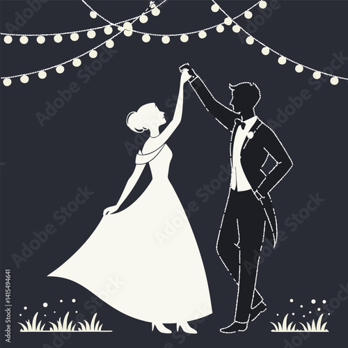 Elegant Couple Dancing Under String Lights at Night