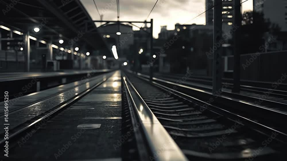 Tranquil urban train tracks glistening in the evening light with city skyline in the background