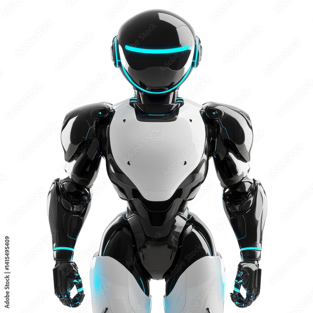 Futuristic humanoid robot with sleek design standing against a dark backdrop Futuristic humanoid robot with sleek design standing against a dark backdrop
