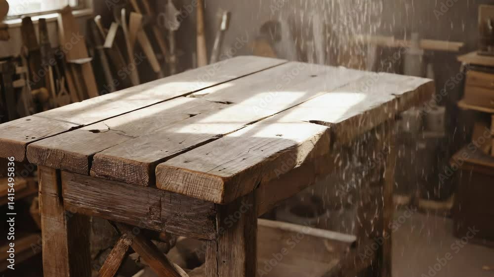 Dusty wooden work table with planks in carpentry workshop and light rays
