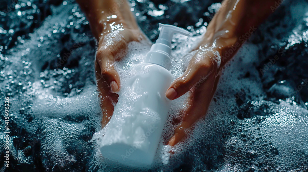 Fototapeta premium Close-up of hands using a white hand wash bottle with a pump on a grey background, with copy space for product advertising concept banner. High-resolution photography.
