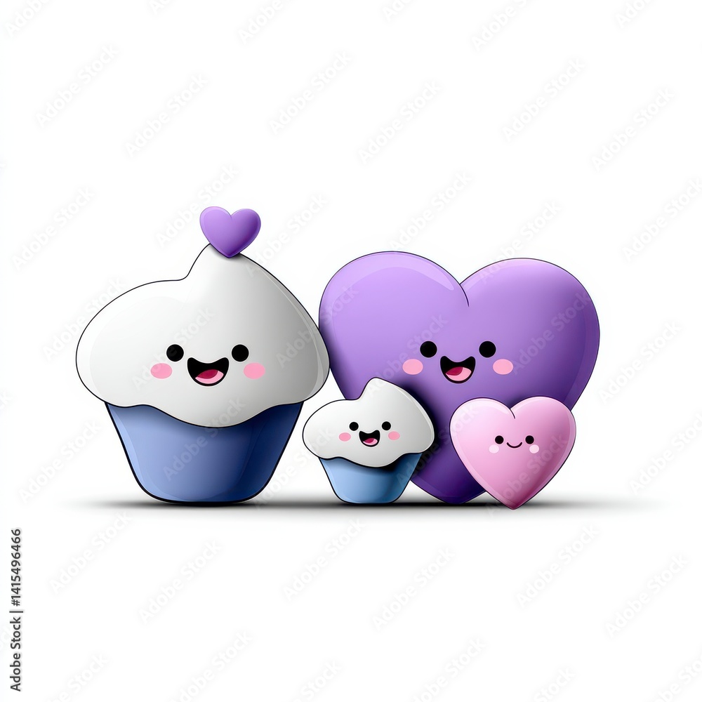 Obraz premium Playful Cartoon Cupcakes and Heart Shapes in Soft Purple and White Colors