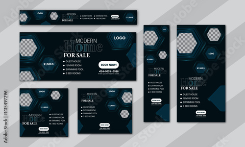 Modern home for sale web banner design and template. 6 size design templet set. 728×300px, 160×600px, 300×600px, 300×300px, 330×280px, 728×900px this size. 