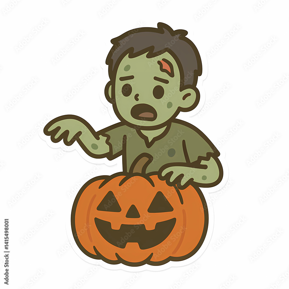 Fototapeta premium Cartoon Zombie Boy with Halloween Pumpkin