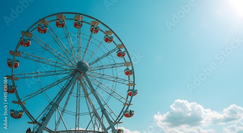 Ferris Wheel Spinning Under Clear Blue Sky with White Clouds